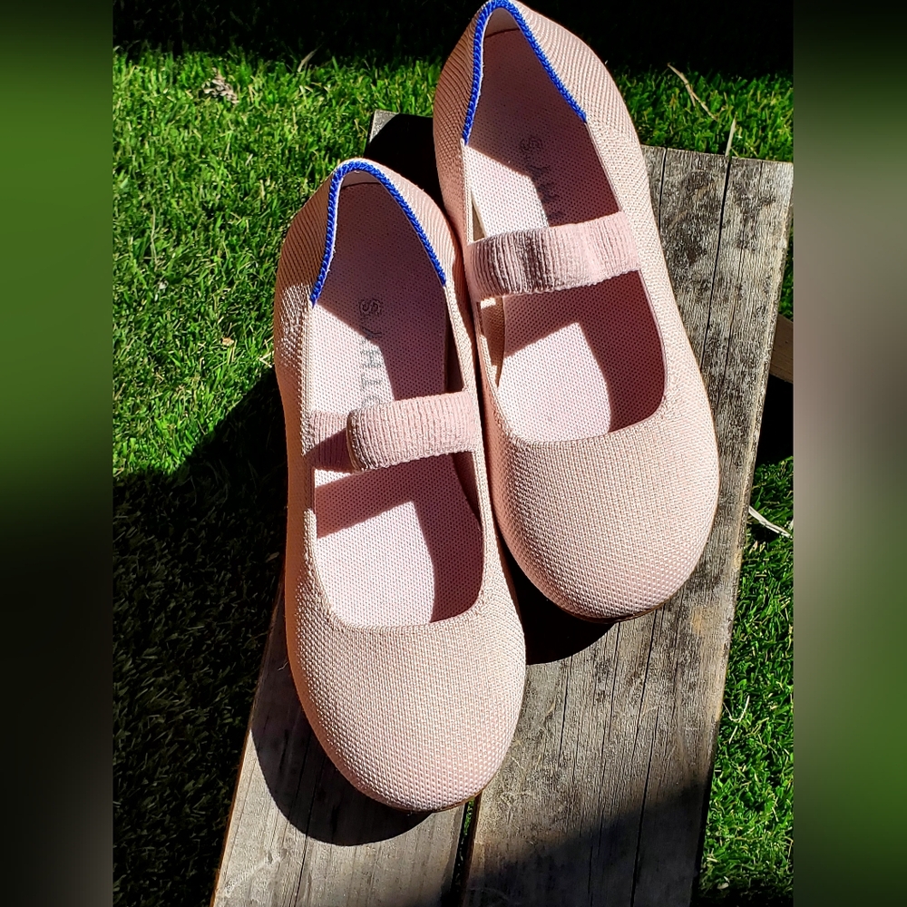 Rothy's Pink Mary Jane Flats with Blue Trim